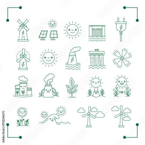 Renewable Energy Icons Set Wind Solar Hydro and Geothermal Power.
