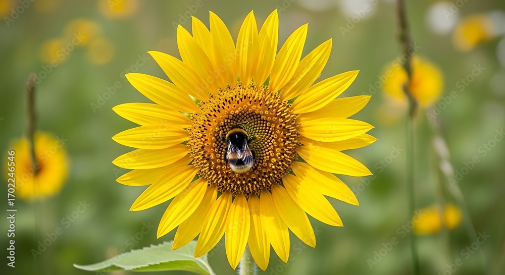 Obraz premium Bee inside a vibrant yellow sunflower.