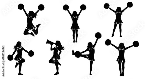 Cheerleader Silhouettes: Pom-Poms, Megaphone, and Dynamic Poses in Black