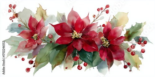 Vibrant watercolor illustration of red poinsettias surrounded by green leaves, perfect for holiday decorations.