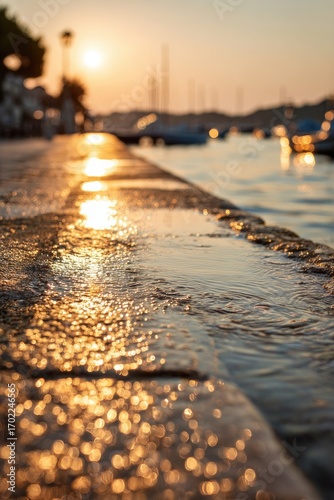 Wallpaper Mural Golden Sunset Reflections on Wet Harbor Stones by the Water. Torontodigital.ca