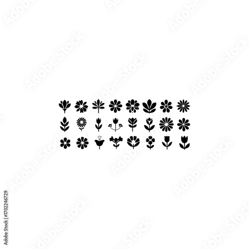 Black flower vector set feature abstract floral design silhouettes, and geometric patterns. Ideal for decoration, logos, and design projects.