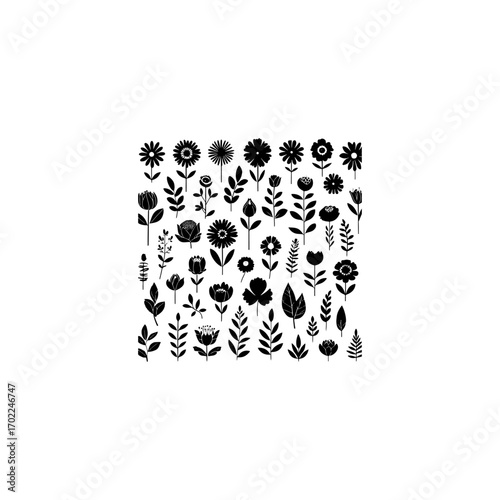 Black flower vector set feature abstract floral design silhouettes, and geometric patterns. Ideal for decoration, logos, and design projects.