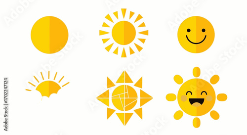 Collection of Yellow Sun Icons with Geometric and Smiling Face Designs