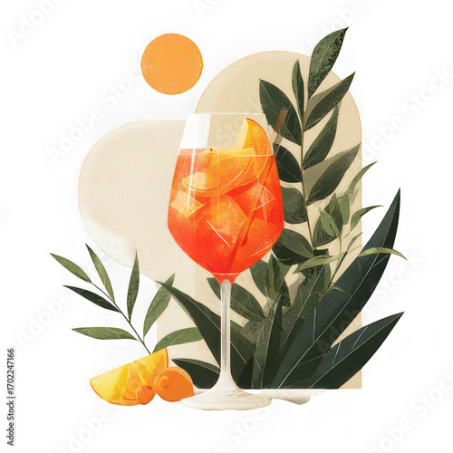 Refreshing cocktail with orange slice, ice cubes, and mint garnish in wine glass, set against sunny background with green leaves, evoking vibrant summer mood