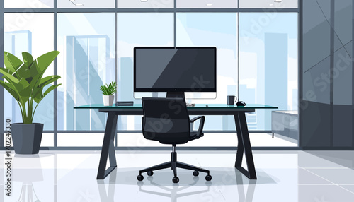 Modern Office Space With Large Windows And Desk