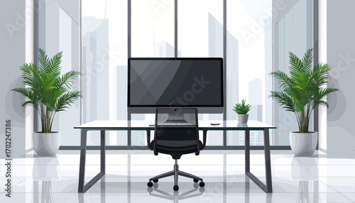 Modern Office Space With Computer Desk and Plants