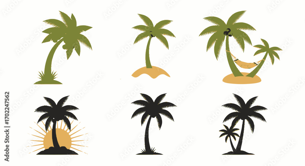 Fototapeta premium Assorted Palm Tree Illustrations: Green, Black Silhouettes, Hammock, and Sunset
