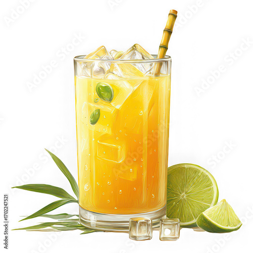 Refreshing cocktail with lemon slice mint garnish ice cubes and straw in clear glass vibrant yellow color summer drink tropical vibe isolated on white