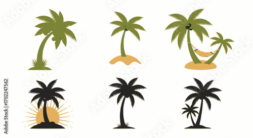 Assorted Palm Tree Illustrations: Green, Black Silhouettes, Hammock, and Sunset