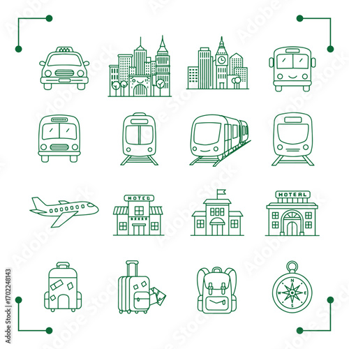 Travel and Transportation Doodle Line Icon Set.