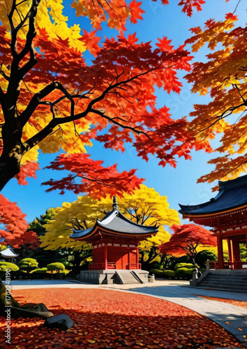 Beautiful Momiji postcard with vibrant red maple leaves and golden ginkgo, traditional Japanese autumn design