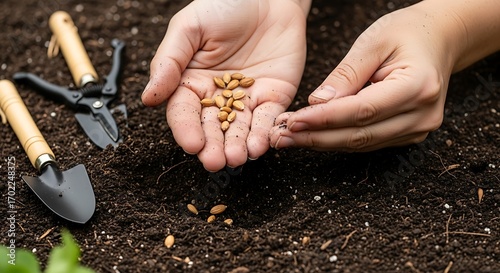 Hands gently planting seeds into the fertile soil in early spring