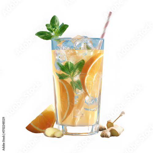 Refreshing cocktail with lemon slice, mint garnish, ice cubes, ginger, and orange wedge, served in clear glass with straw, perfect for summer and relaxation
