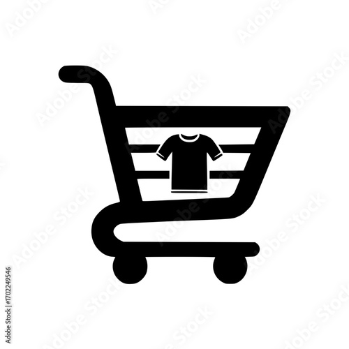 T shirt icon inside shopping cart symbolizing online clothing purchase and ecommerce platform