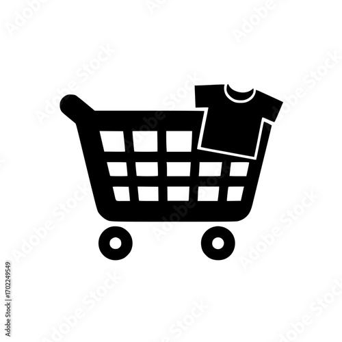 Shopping cart with t shirt icon representing online clothing store and fashion ecommerce concept