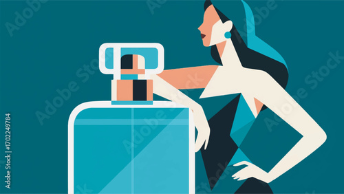 illustration of a beautiful, fashionable woman leaning on a perfume bottle vector design template