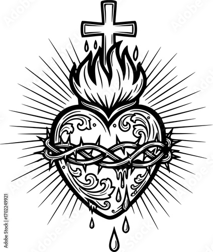 Hand drawn illustration of sacred heart in Jesus.
