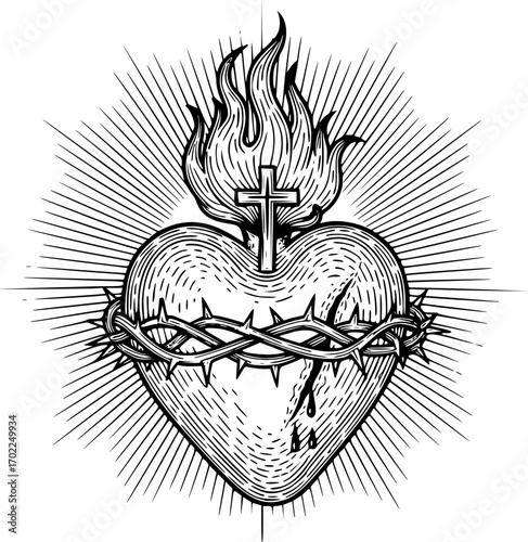 Hand drawn illustration of sacred heart in Jesus.
