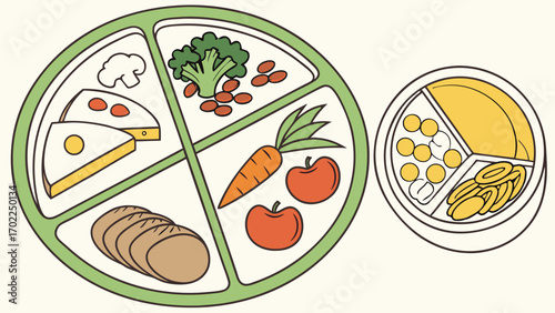 Balanced Meal Plan Illustration Divided Plate with Vegetables Grains and Dairy