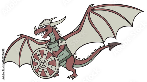 Cartoon Dragon Warrior with Shield and Winged Armor Ready for Battle