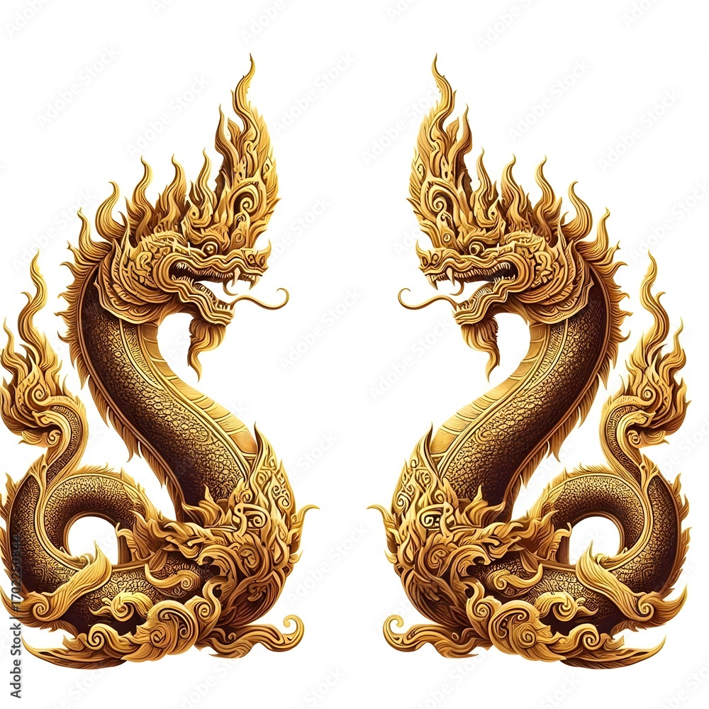 Fototapeta premium Symmetrical pair of ornate golden Thai Naga serpents, a mythical dragon-like creature from Southeast Asian mythology, isolated on a white background