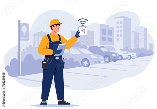 A construction worker adjusts sensors with a tablet, overseeing a city street scene. Modern illustration, clean design, conveying technological infrastructure and urban development.