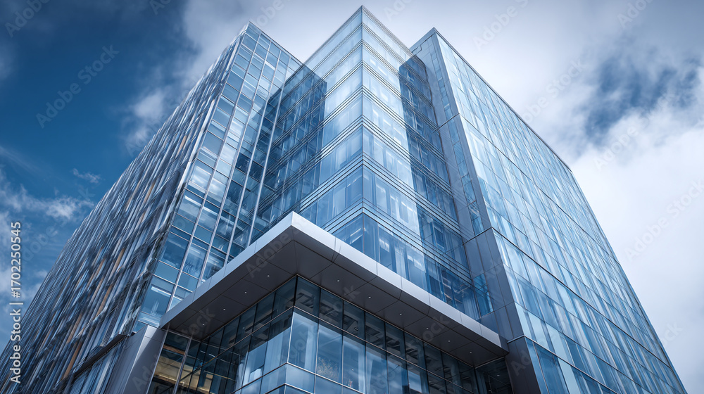 Fototapeta premium A low angle shot of a modern glass skyscraper against a cloudy blue sky background