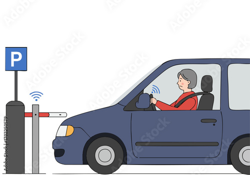 An elderly woman drives through a monitored parking gate. A car approaches, utilizing wireless technology. Clean, modern illustration.