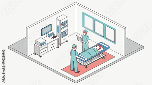 Isometric Illustration of Two Surgeons Examining a Patient on a Hospital Gurney