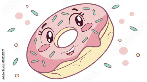 Smiling Cartoon Donut with Pink Icing Sprinkles and Cheerful Expression