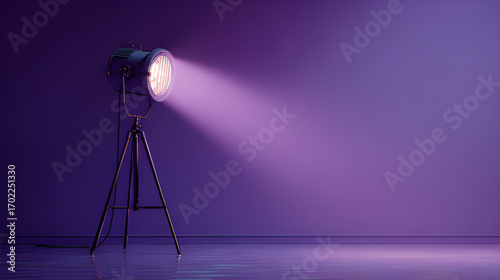 Photo studio violet background tripod lighting. Studio shot of a spotlight. Studio flash light on a tripod. Studio spotlight projecting a purple light with dramatic soft box light 