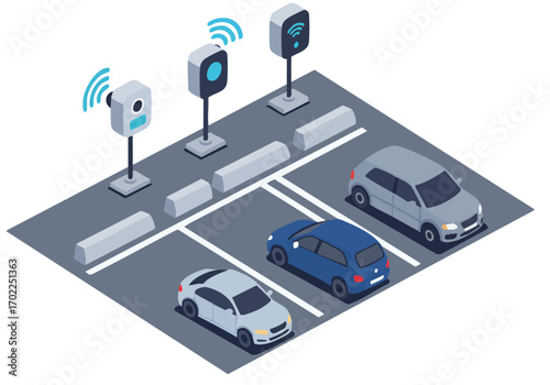 Isometric parking lot illustration with smart sensors and cars. Modern tech open concept design. Clean, digital style.