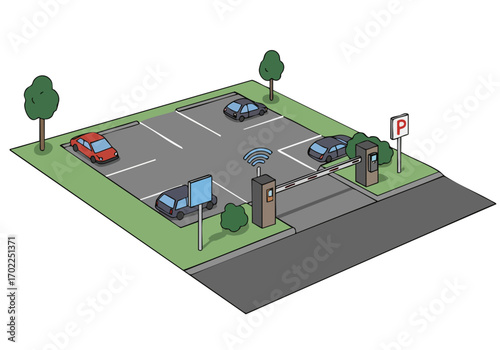 Isometric parking lot scene with an RFID gate and backup system. Modern, clean illustration for business or security concepts. Clear composition and vibrant colors.