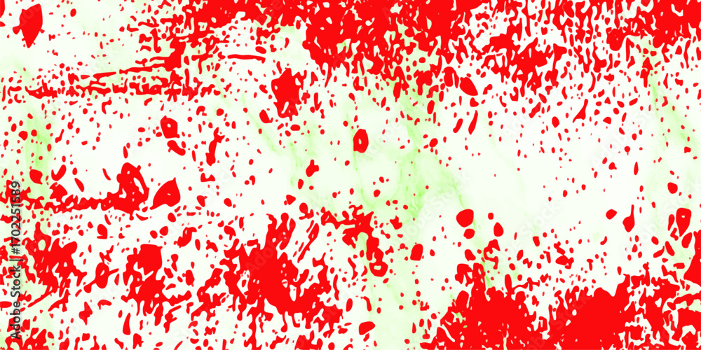 Fototapeta premium Vibrant abstract splatter pattern with bright red drops and splotches on a light green and white marbled background, creating a dynamic and energetic visual
