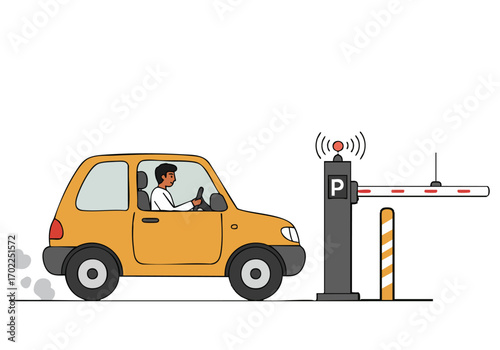 A man drives a yellow car through a parking gate, monitored by a wireless system. Clean, modern illustration. Suitable for tech, transportation, and urban themes.
