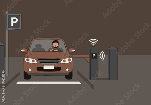 A man drives into a city parking garage, interacting with an automated gate. Clean, modern illustration style. Focus on urban transportation and technology.