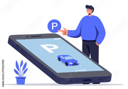 A man interacts with a smartphone displaying a car parking icon. Modern, flat design illustration. Ideal for tech, transportation, and mobile apps.