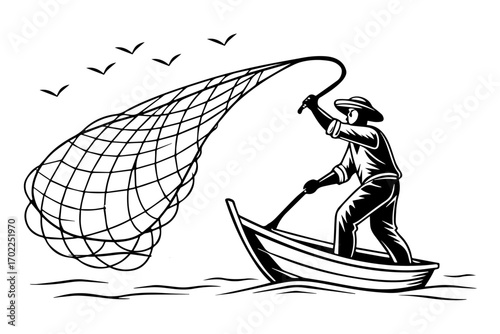 fisherman-throwing-a-wide-fishing-net-from-a-boat pure white background