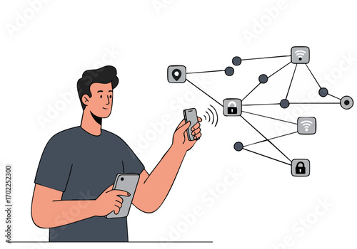 A man troubleshoots sensors using his smartphone. Connected devices and network icons illustrate a tech support scenario. Modern, clean illustration.