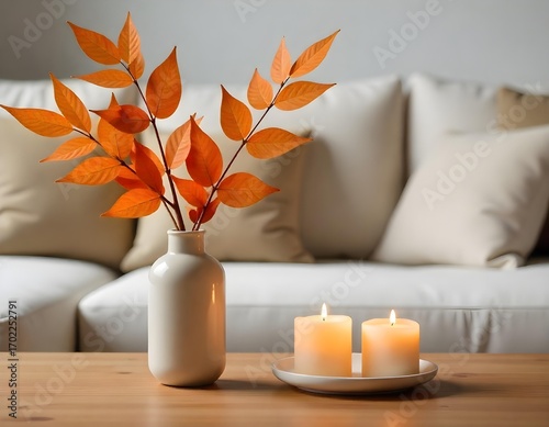 A vase with orange leaves and two candles on a wooden table, a sofa with pillows in the background, a living room