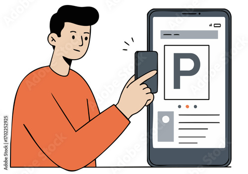A young man uses a smartphone to troubleshoot an app. Modern illustration style, focusing on a digital problem-solving scenario. Clean, graphic design.