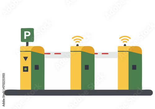 Modern green entry flow parking system illustration. Clean, flat design with wireless signals. Ideal for tech, urban, or transportation themes. Suitable for commercial use.