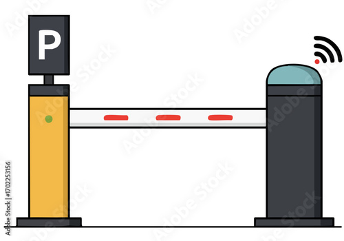 Modern illustration of an RFID parking gate with wireless communication. Clean lines, bold colors, and a minimalist style. Ideal for tech, security, and urban themes.