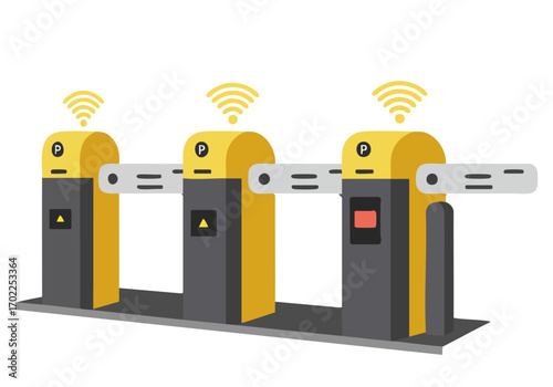 Modern parking garage entry system with wireless signals. Clean, graphic illustration. Fast entry sense. Suitable for tech, business, and urban themes.