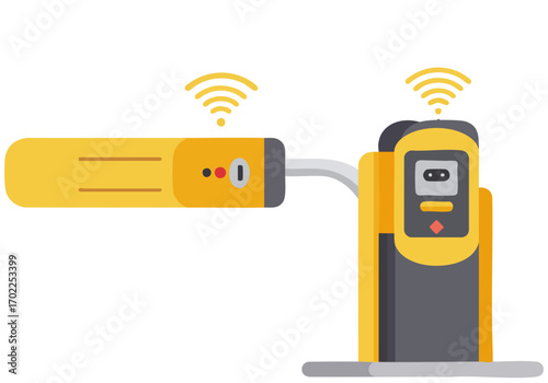 Modern parking gate illustration with wireless signals. Clean, flat design with bright yellow and gray tones. Ideal for tech, transportation, and urban concepts.