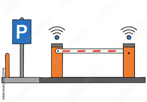 Modern parking gate with RFID reader and backup system. Clean, flat design illustration. Suitable for tech, security, and urban themes.