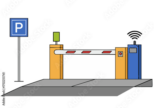 Modern parking gate with RFID reader and backup system. Clean, graphic illustration. Ideal for security, access control, and urban themes.