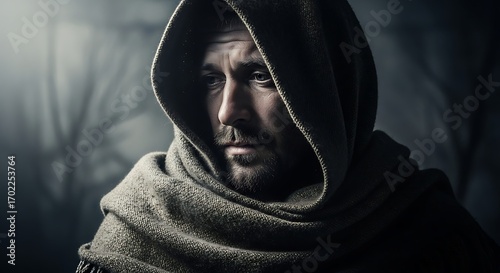 Dramatic portrait of a mysterious medieval man in a dark hood.