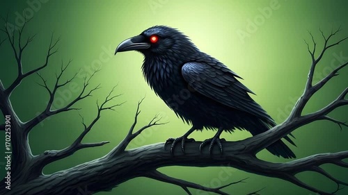 Ominous Black Raven with Glowing Red Eyes Perched on a Gnarled Branch in a Mystical Green Forest